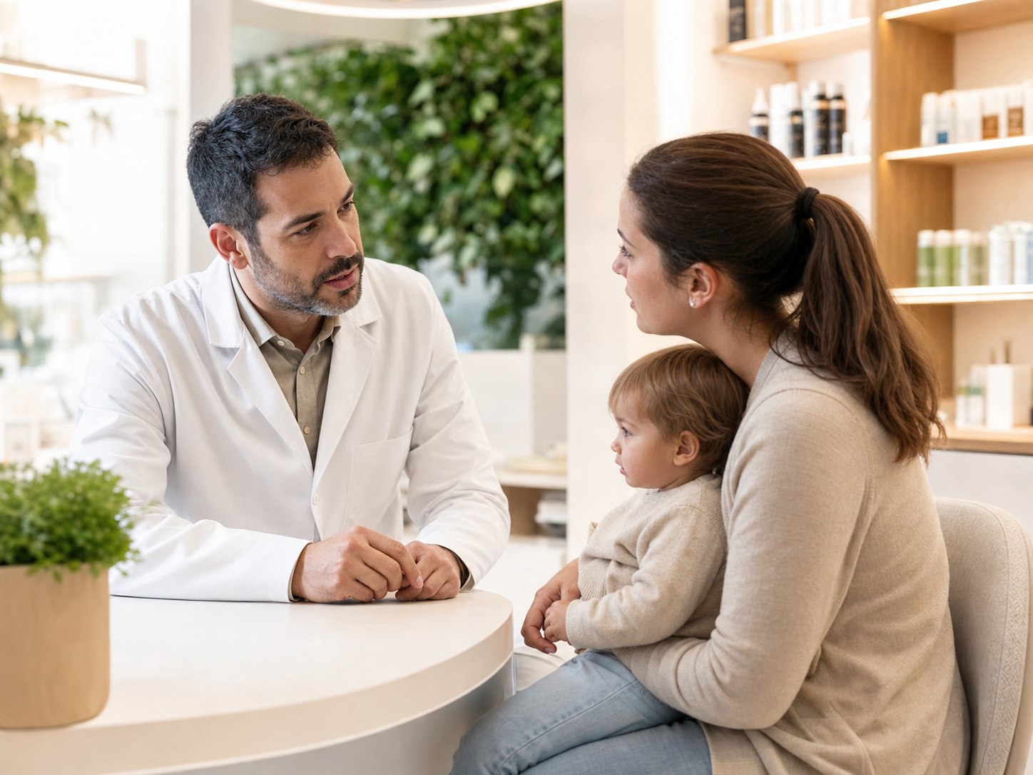 Farmacêutico em conversa com uma mãe e o seu filho